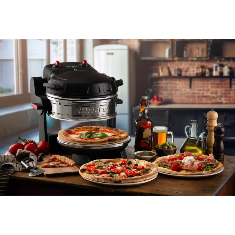 Ariete 927 Pizzeria dviguba picos krosnelė, 2 picos per 4 minutes, 2300 W, 2 ugniai atsparūs akmenys, 2 termostatai, skersmuo 32 cm, 5 kepimo lygiai, 2 nerūdijančio plieno mentės, raudona