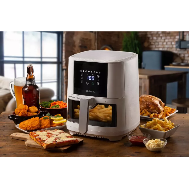 Ariete 4626 Airy Fryer 6L, oro gruzdintuvė, 1300 W, 6 L talpa, 2,5 kg kepimo talpa, 8 išankstinių programų, temperatūra iki 200°, permatomas krepšelis kepimo kontrolei, juoda