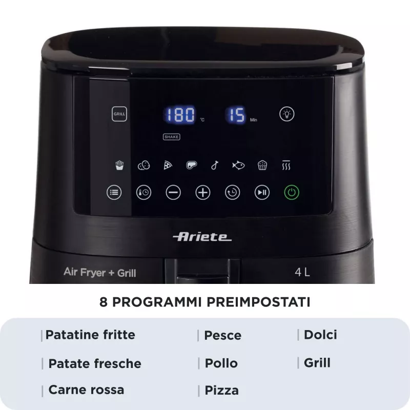 Ariete 4633, Karšto oro gruzdintuvė 4L, 1400W, Talpa 4L, 9 programų, Shake ir Grill funkcijos, Temperatūra iki 200°C, Juoda