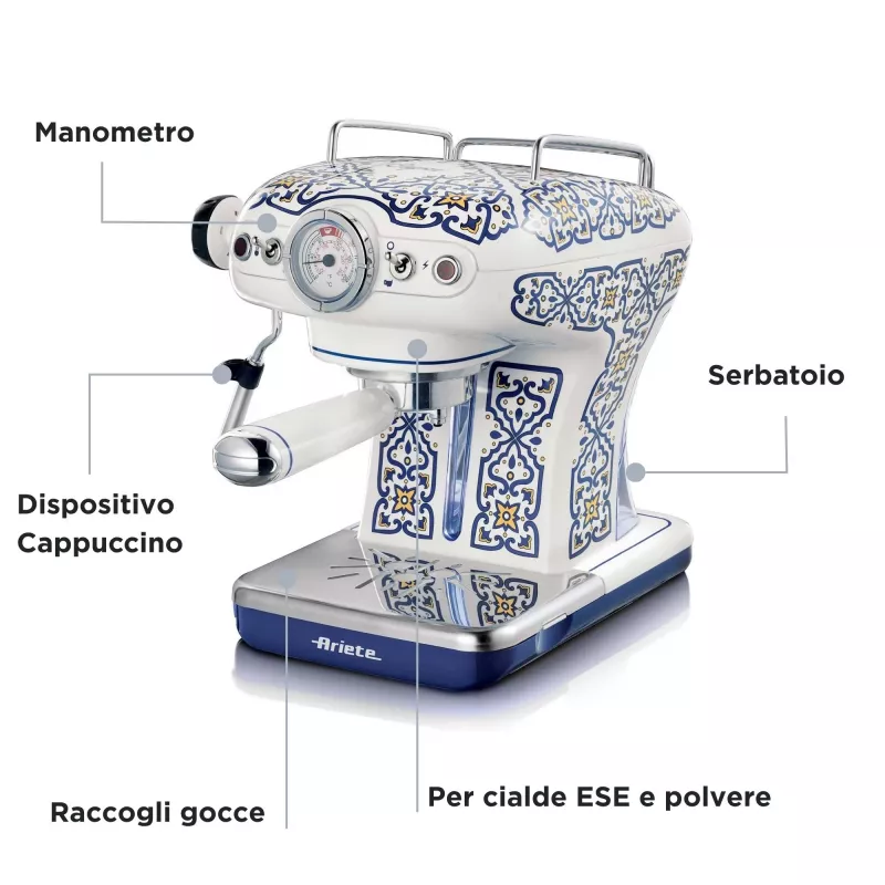 Ariete 1389 Capri kavos aparatas, 850W, vandens talpa 0,9L, 1 ar 2 puodelių filtras, lašėjimo padėklas, pieno putotojas