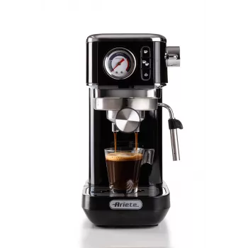 Ariete 1381 kavos aparatas su manometru, tinka maltai kavai ir ESE kapsulėms, 1300 W, 1,1 L talpa, 15 barų slėgis, ½ puodelio filtras, Cappuccino įrenginys, Juodas