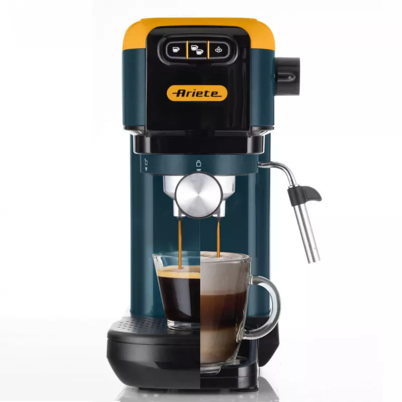 Ariete 1399 Espresso kavos aparatas, maltai kavai ir ESE kapsulėms, 1300 W, 1,1 L talpa, 15 barų slėgis, 1, 2 puodelių ir ESE kapsulių filtras, Cappuccino, Geltona