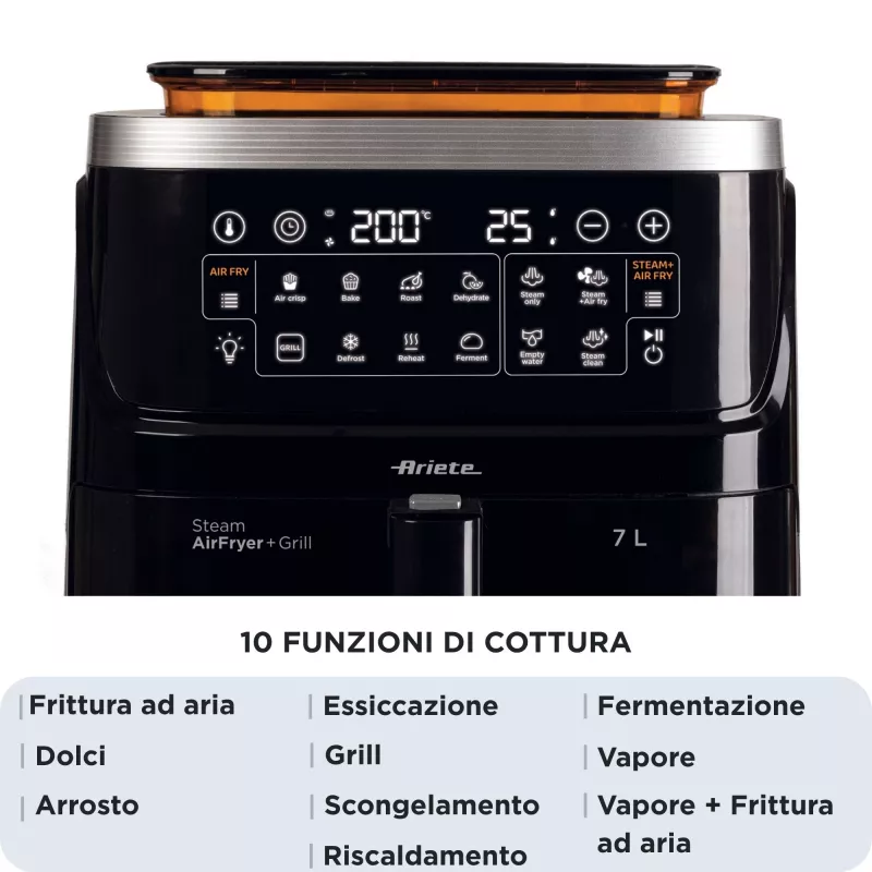 Ariete 4636 Oro gruzdintuvė su garų funkcija + Grilis, 1700W, Dehidratavimo funkcija, 10 gaminimo programų, Skaidrus krepšelis, Laikmatis, Juoda