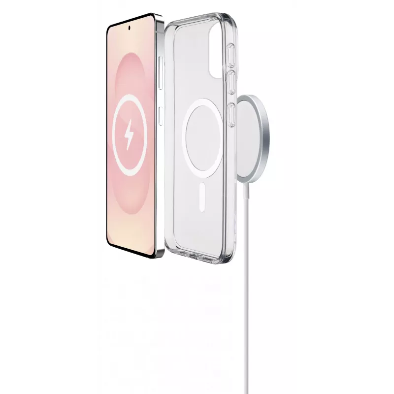 Cellularline Clear Mag - Galaxy S25 Edge itin atsparus permatomas dėklas su guminiu kraštu, suderinamas su Qi2 ekosistema ir magnetiniais priedais, apdorotas nuo pageltimo