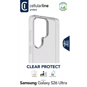 Cellularline Clear Protect kietas dėklas su guminiais kraštais, skirtas Samsung Galaxy S26 Ultra, skaidrus