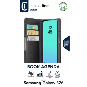 Cellularline Book Agenda dėklas Samsung Galaxy S26, knyginis, dirbtinė oda, magnetinis užsegimas, RFID apsauga, stovas