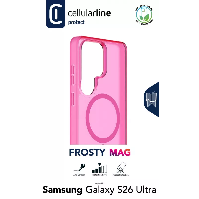 Cellularline FROSTY MAG - permatomas dėklas su matiniu paviršiumi ir spalvotais kraštais Galaxy S26 Ultra, suderinamas su Qi2 ekosistema ir magnetiniais aksesuarais