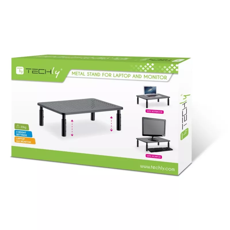 Techly monitorų / nešiojamųjų kompiuterių stovas juodas, laisvai pastatomas, 20 kg, aukščio reguliavimas
