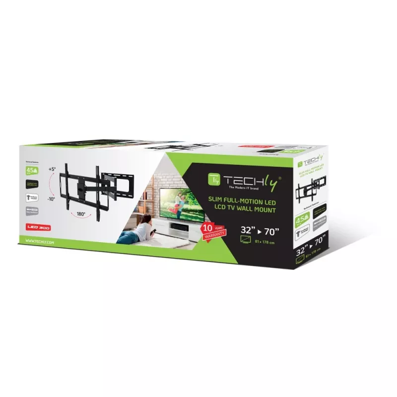 Techly plonas sieninis laikiklis 32-70 colių LCD LED televizoriams juodas, 81,3 cm (32 inch), 177,8 cm (70 inch), 45 kg, 600 x 400 mm, -10 - 5°