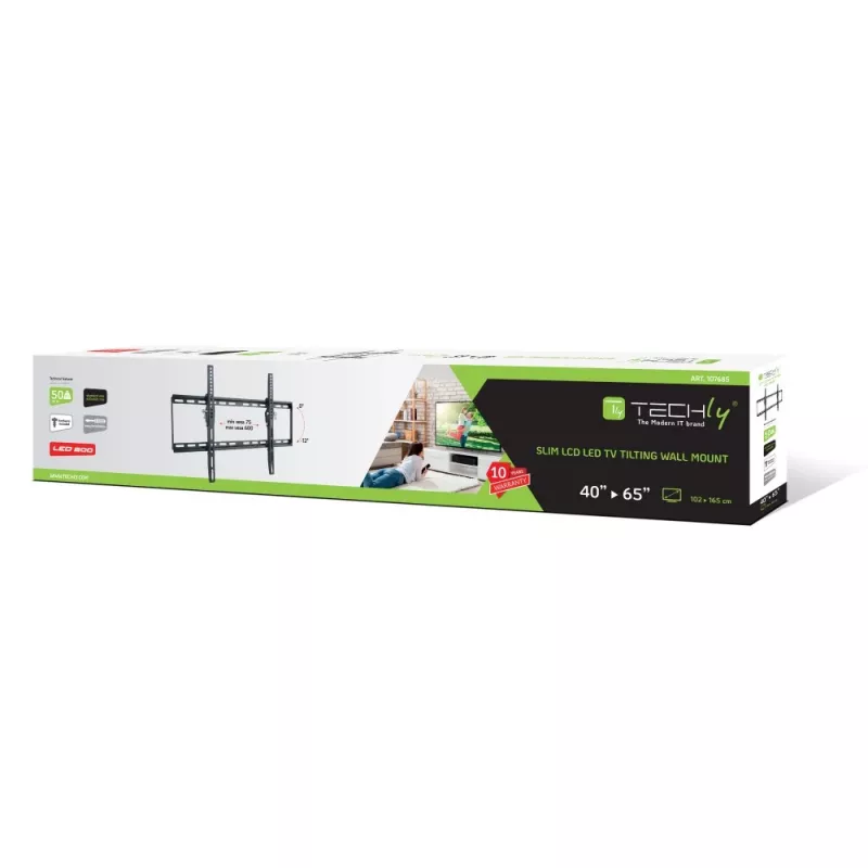 Techly fiksuotas sieninis laikiklis LED TV LCD 40-65 colių, 165,1 cm (65 coliai), 200 x 200 mm, 600 x 400 mm, -12 - 0°, metalas, juodas
