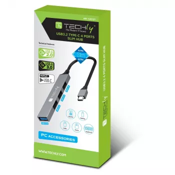 Techly IUSB32-HUB4C-3U2SLS USB 3.2 Gen 1 (3.1 Gen 1) Type-C stotelė / USB skirstytuvas, 4x USB-A, metalinis korpusas, pilka