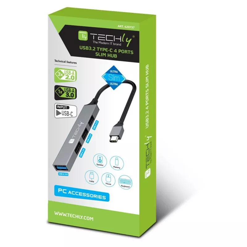 Techly IUSB32-HUB4C-3U2SLS USB 3.2 Gen 1 (3.1 Gen 1) Type-C stotelė / USB skirstytuvas, 4x USB-A, metalinis korpusas, pilka
