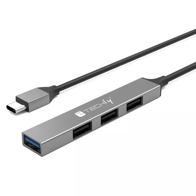 Techly IUSB32-HUB4C-3U2SLS USB 3.2 Gen 1 (3.1 Gen 1) Type-C stotelė / USB skirstytuvas, 4x USB-A, metalinis korpusas, pilka