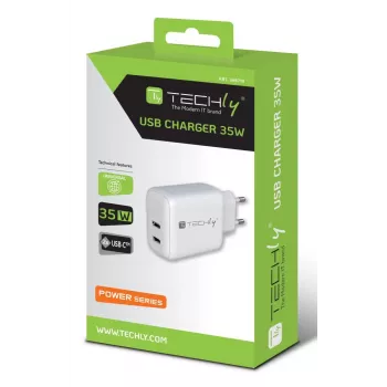 Techly IPW-USB-2C35W sieninis įkroviklis su dviem USB-C prievadais, 35W, baltas