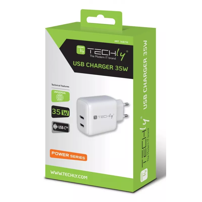 Techly IPW-USB-2C35W sieninis įkroviklis su dviem USB-C prievadais, 35W, baltas