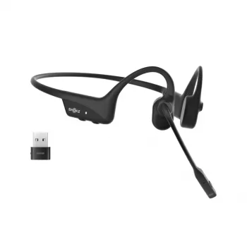 SHOKZ OpenComm2 UC 2025 atnaujintas belaidis kaulinio laidumo ausinių rinkinys su USB-C įkrovimu ir USB-C adapteriu, 16 val. pokalbio laiko, 29 m belaidžio ryšio nuotolis, 1 val. įkrovimo laikas, triukšmą slopinantis boom mikrofonas ir dongle, juoda