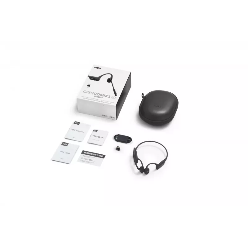 SHOKZ OpenComm2 UC 2025 atnaujintas belaidis kaulinio laidumo ausinių rinkinys su USB-C įkrovimu ir USB-C adapteriu, 16 val. pokalbio laiko, 29 m belaidžio ryšio nuotolis, 1 val. įkrovimo laikas, triukšmą slopinantis boom mikrofonas ir dongle, juoda