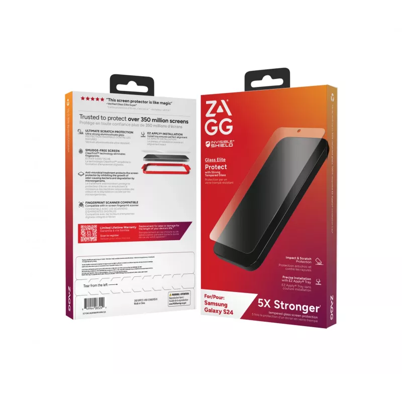 InvisibleShield Glass Elite B Samsung Galaxy S24 ekrano apsauginis stiklas, Samsung, Galaxy S24, antibakterinis, atsparus smūgiams, atsparus įbrėžimams, permatomas, 1 vnt.