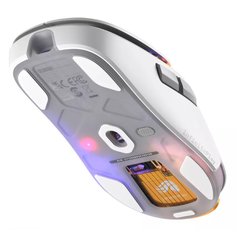 Glorious Gaming Model O3 Wireless Gaming Mouse - InfinitePlay keičiamų baterijų sistema, 8k atnaujinimo dažnis, 130M paspaudimų optiniai jungikliai, itin lengvas 66g, 30K DPI optinis jutiklis, RGB - Baltas