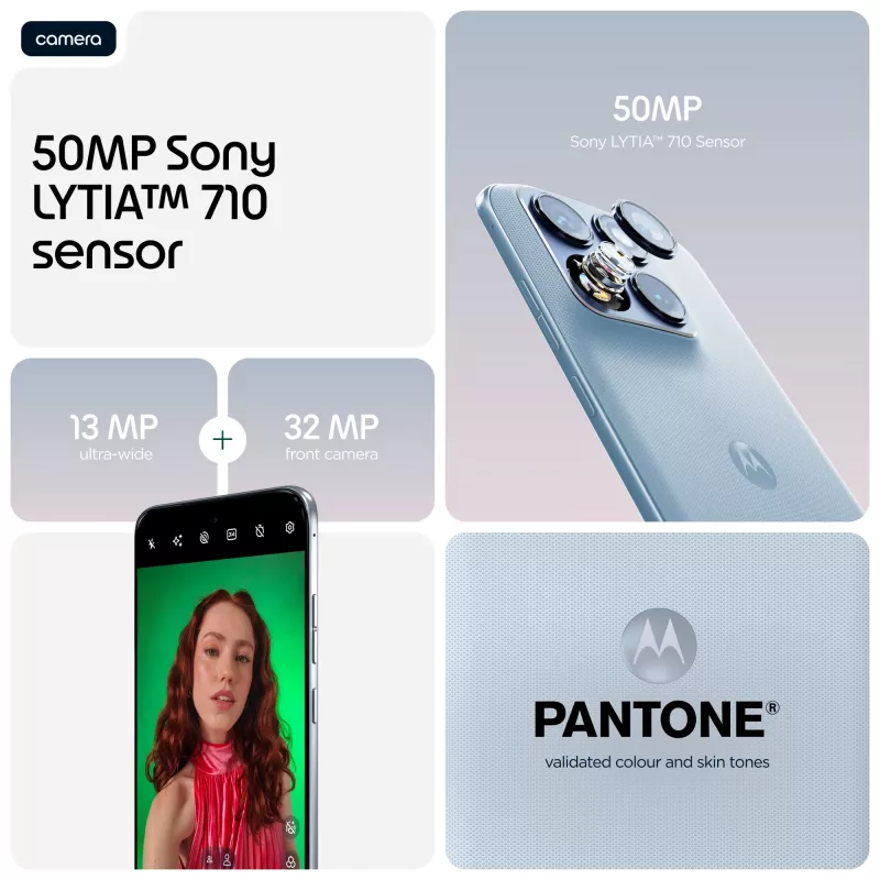 Išmanusis telefonas Motorola edge 70 fusion — 6,78 colio (17,2 cm) OLED, Snapdragon 7s Gen 3, 12 GB RAM, 256 GB, Dual SIM, 7000 mAh, šviesiai mėlyna