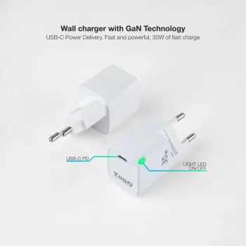 TooQ GAN USB-C/PD sieninis įkroviklis 30W, baltas