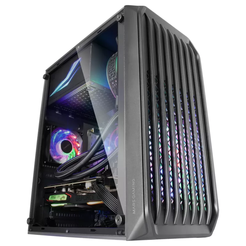 Mars Gaming MC-S2 Black kompiuterio korpusas Micro-ATX, 2 FRGB ventiliatoriai, priekinės grotelės, šoninis langas