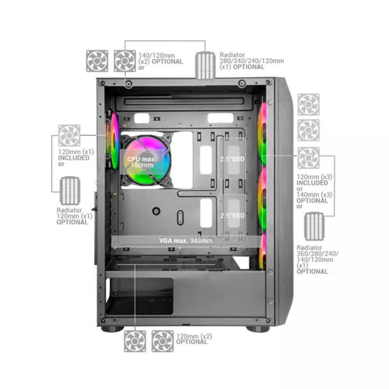 Mars Gaming MC-KX Black Premium E-ATX Gaming Tower su FREEZER CPU sistema, 5 itin tyliais ARGB ventiliatoriais, ARGB valdikliu ir RF nuotolinio valdymo pultu, tinklinis priekis