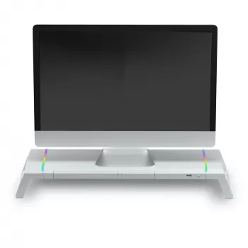 Mars Gaming MGS-ONE White Chroma RGB monitorio stovas reguliuojamo dydžio išmaniojo telefono ir planšetės laikiklis priekinis USB 2.0