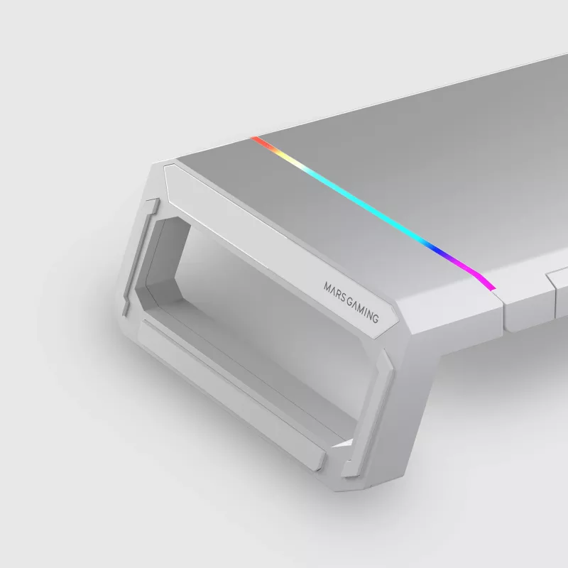 Mars Gaming MGS-ONE White Chroma RGB monitorio stovas reguliuojamo dydžio išmaniojo telefono ir planšetės laikiklis priekinis USB 2.0
