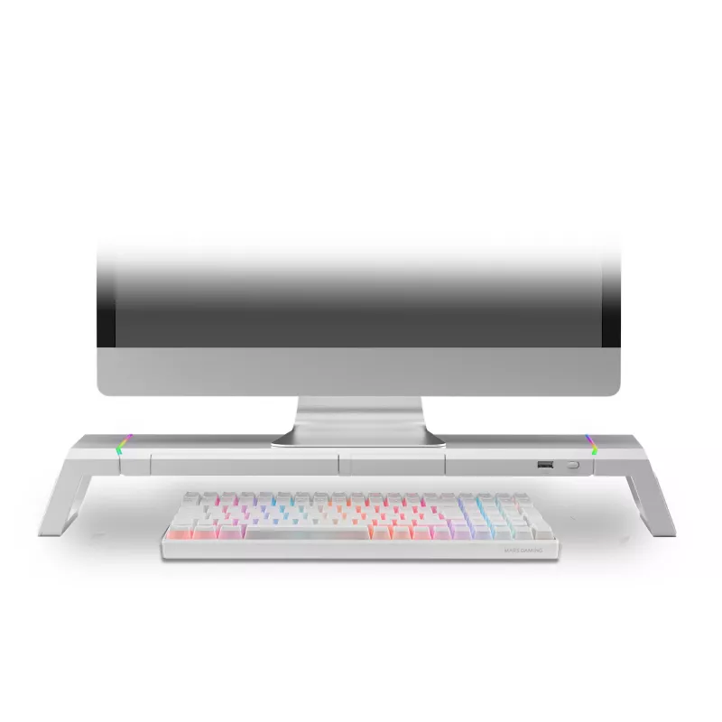 Mars Gaming MGS-ONE White Chroma RGB monitorio stovas reguliuojamo dydžio išmaniojo telefono ir planšetės laikiklis priekinis USB 2.0