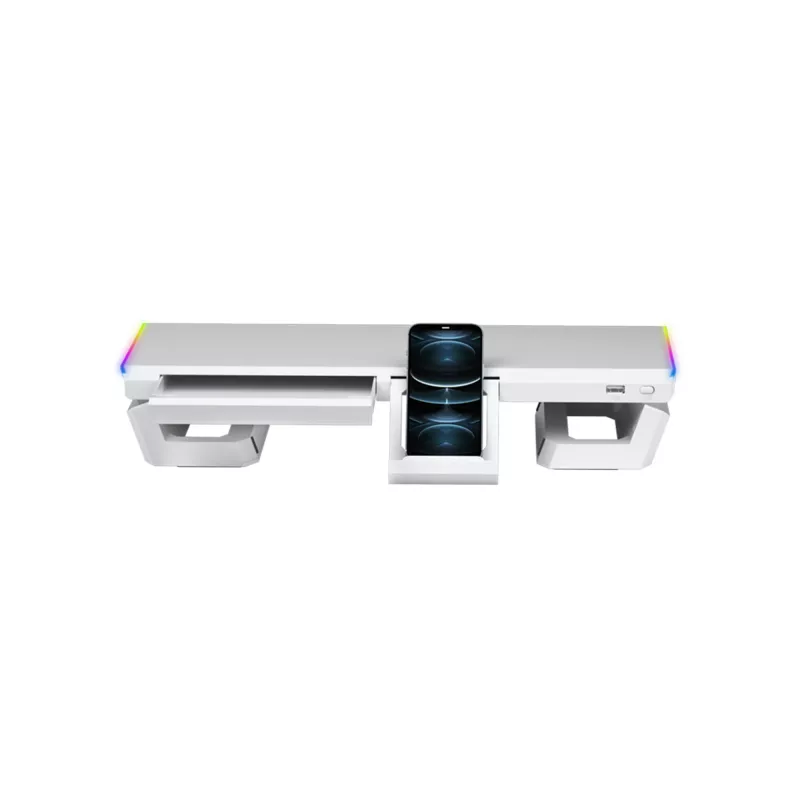 Mars Gaming MGS-ONE White Chroma RGB monitorio stovas reguliuojamo dydžio išmaniojo telefono ir planšetės laikiklis priekinis USB 2.0