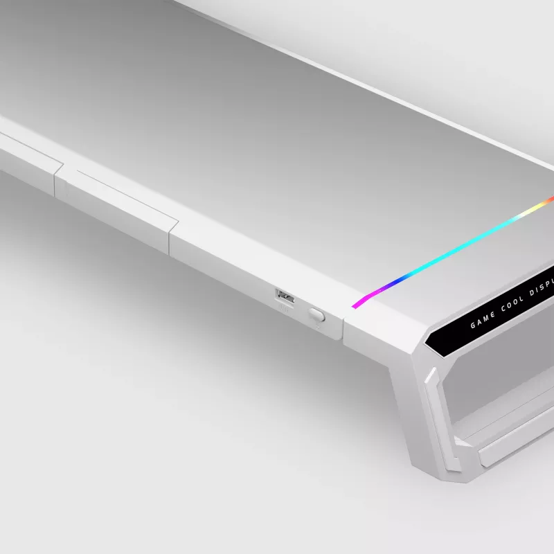 Mars Gaming MGS-ONE White Chroma RGB monitorio stovas reguliuojamo dydžio išmaniojo telefono ir planšetės laikiklis priekinis USB 2.0