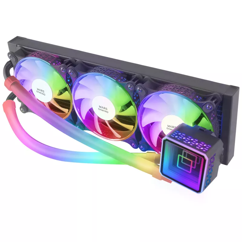 Mars Gaming ML-ULTRA360 Black skystis CPU aušinimas TDP 650W Infinity Mirror 3 tylūs FDB ARGB ventiliatoriai ARGB vamzdeliai Universalus multisocket