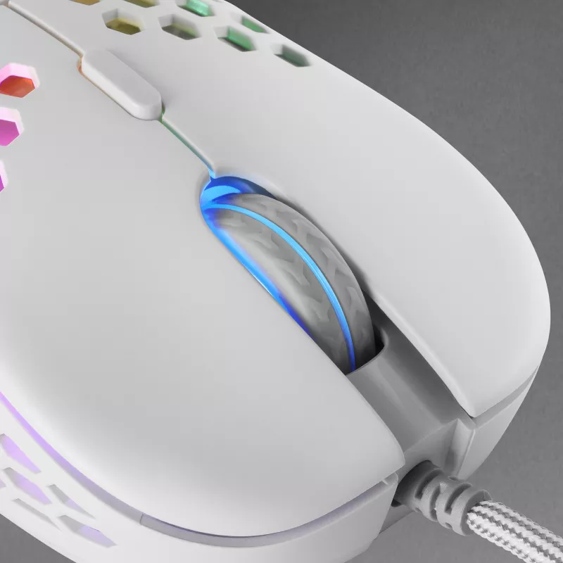 Mars Gaming MM55W White RGB Chroma pelė žaidimams itin lengva 55g 12800 DPI HUANO mechaniniai jungikliai