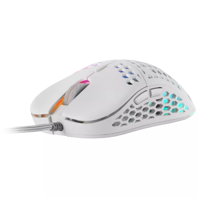 Mars Gaming MM55W White RGB Chroma pelė žaidimams itin lengva 55g 12800 DPI HUANO mechaniniai jungikliai