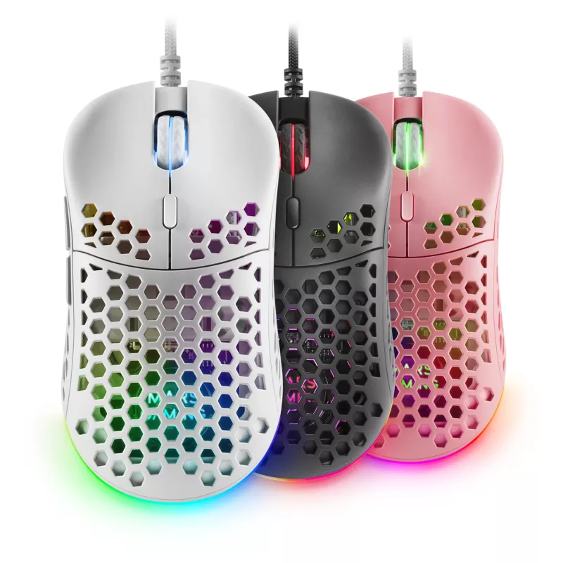Mars Gaming MM55W White RGB Chroma pelė žaidimams itin lengva 55g 12800 DPI HUANO mechaniniai jungikliai
