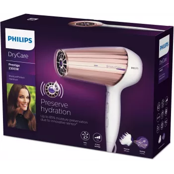 Plaukų džiovintuvas Philips MoistureProtect Sensor HP8280/00 — 2300 W, nuolatinės srovės variklis, 6 greičiai, jonizacija, šalto oro pūtimas, violetinė/balta