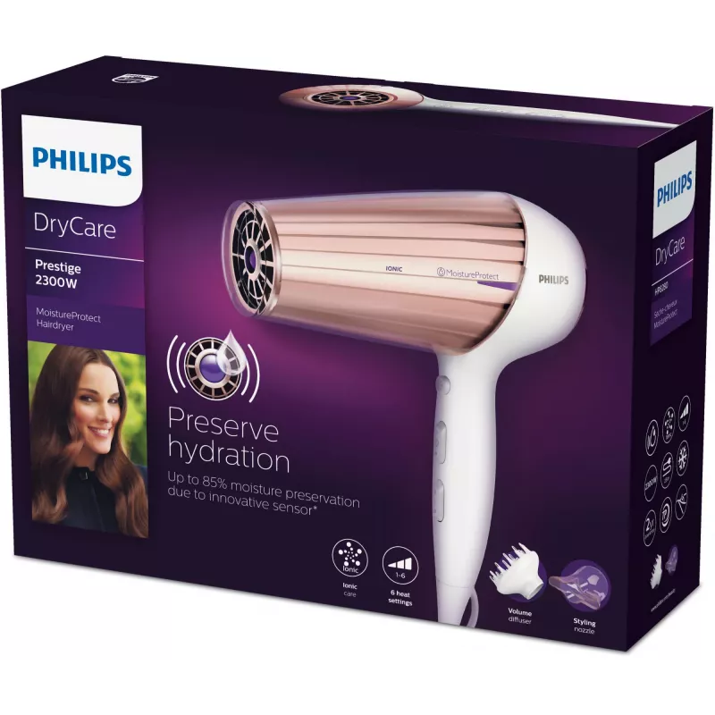 Plaukų džiovintuvas Philips MoistureProtect Sensor HP8280/00 — 2300 W, nuolatinės srovės variklis, 6 greičiai, jonizacija, šalto oro pūtimas, violetinė/balta