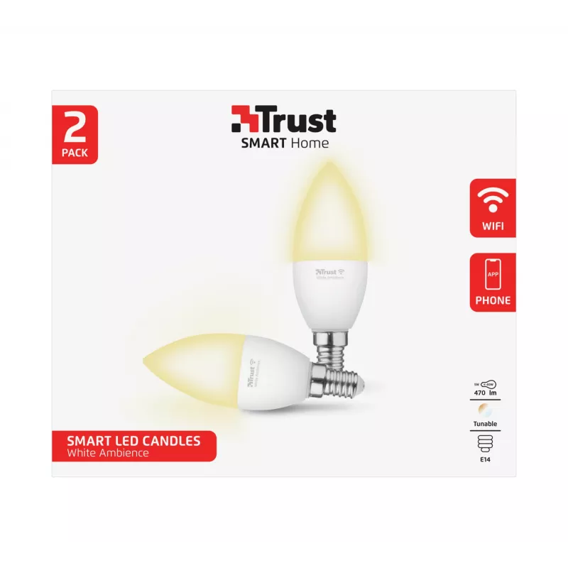 Trust 71297 išmanioji LED žvakės formos lemputė E14, balta šviesa, Wi-Fi, 2 vnt.