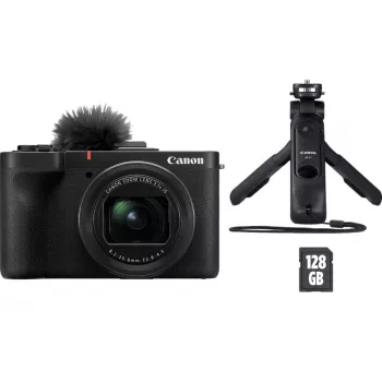 Kompaktiška kamera Canon PowerShot V1 Premium Vlogger Kit — 22,3 MP, 1/4 colio CMOS, 4K UHD, 3,1x optinis priartinimas, 3 colių lietimui jautrus ekranas, Juoda