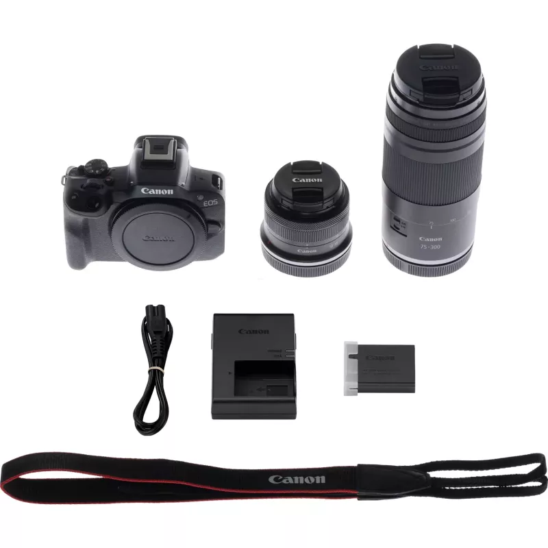 Canon EOS R50 beveidrodis fotoaparatas su RF-S 18-45mm ir RF 75-300mm objektyvais (rinkinys)
