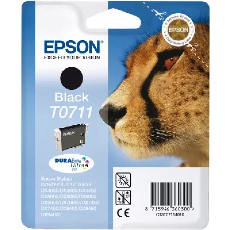 Epson Cheetah kasetė juoda T0711 DURABrite Ultra rašalas, pigmentinis, 1 vnt.