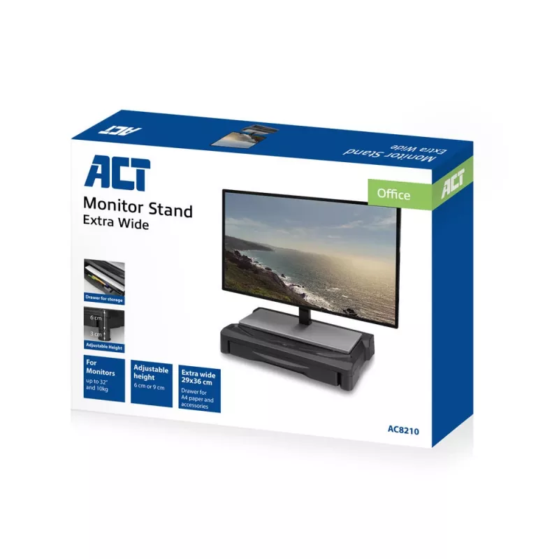 ACT monitor stovas itin platus su stalčiumi, reguliuojamas aukštis, laisvai pastatomas, 10 kg, 81,3 cm (32 colių), aukščio reguliavimas, juodas