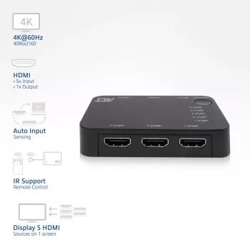 ACT 4K HDMI jungiklis 5 įėjimai, 1 išėjimas, HDMI, juodas, 2160p, 18 Gbit/s, 4096 x 2160 pikseliai, 4K Ultra HD