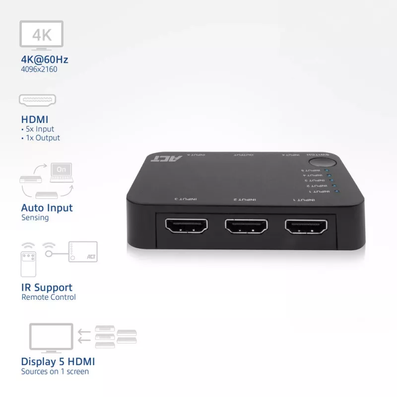 ACT 4K HDMI jungiklis 5 įėjimai, 1 išėjimas, HDMI, juodas, 2160p, 18 Gbit/s, 4096 x 2160 pikseliai, 4K Ultra HD