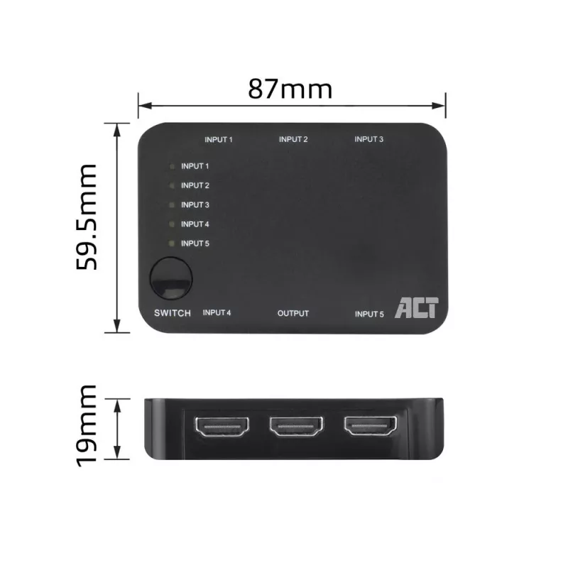 ACT 4K HDMI jungiklis 5 įėjimai, 1 išėjimas, HDMI, juodas, 2160p, 18 Gbit/s, 4096 x 2160 pikseliai, 4K Ultra HD