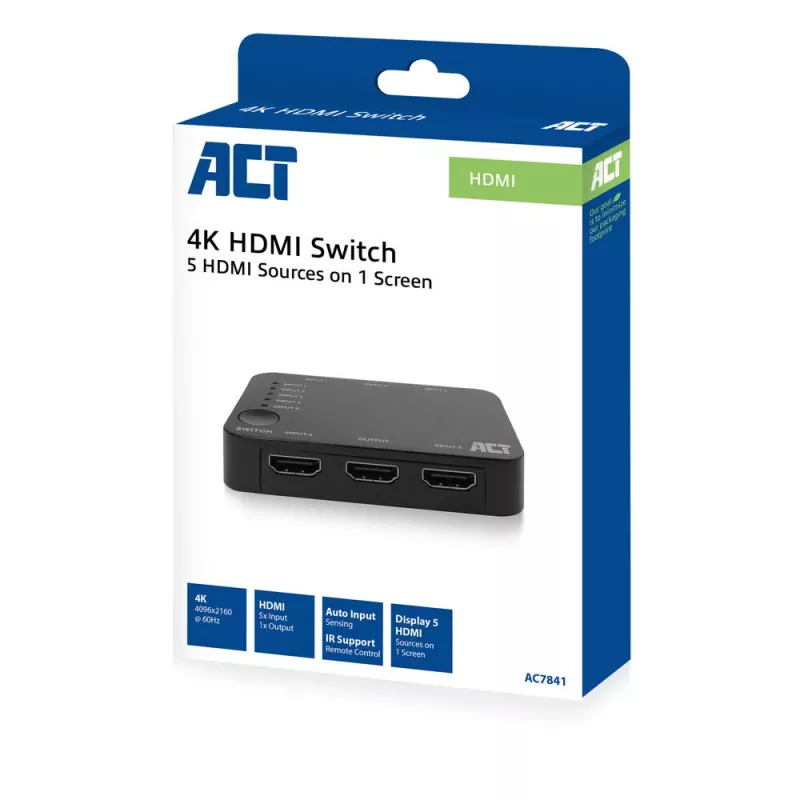 ACT 4K HDMI jungiklis 5 įėjimai, 1 išėjimas, HDMI, juodas, 2160p, 18 Gbit/s, 4096 x 2160 pikseliai, 4K Ultra HD