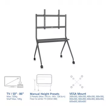 ACT Mobilus televizoriaus / monitoriaus grindinis stovas, 50–86 colių, VESA, 127 cm (50 col.), 2,18 m (86 col.), 200 x 200 mm – 800 x 600 mm, aliuminis, plastikas, plienas, pilka
