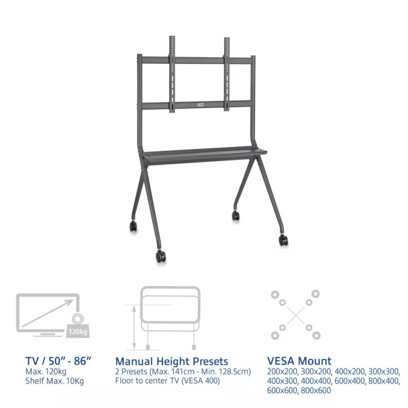 ACT Mobilus televizoriaus / monitoriaus grindinis stovas, 50–86 colių, VESA, 127 cm (50 col.), 2,18 m (86 col.), 200 x 200 mm – 800 x 600 mm, aliuminis, plastikas, plienas, pilka