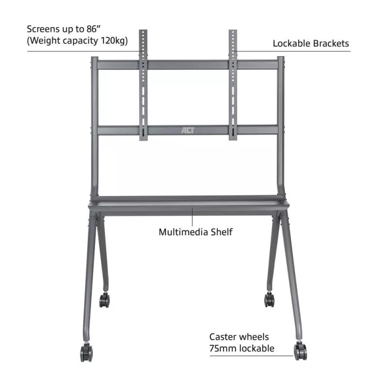 ACT Mobilus televizoriaus / monitoriaus grindinis stovas, 50–86 colių, VESA, 127 cm (50 col.), 2,18 m (86 col.), 200 x 200 mm – 800 x 600 mm, aliuminis, plastikas, plienas, pilka